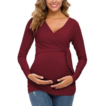 

Maternity Printed Nursing Clothes Pregnant Women V-neck Cross Nursing Top Long Sleeve Breastfeeding Clothing Pregnancy T Shirt