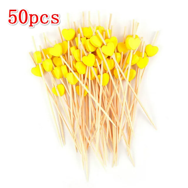 B 50pcs 20 Вт, 50 шт в наборе, на высоком каблуке 12 см и принтом в виде сердечек, бамбук Палочки шведского стола фрукт для кекса вилка вечерние десерт салат коктейль ручки шампур для свадебного декора@ 1 - Цвет: B 50pcs