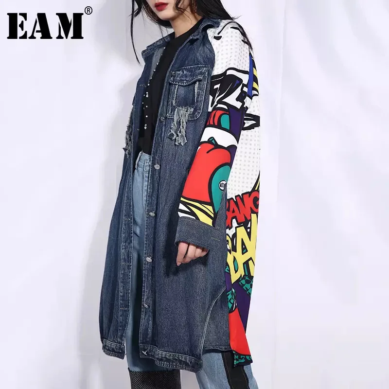 

2020 Autumn Clothing Split Joint Long Loose Coat Cowboy Long Sleeve Cardigan Windbreaker Suit-dress