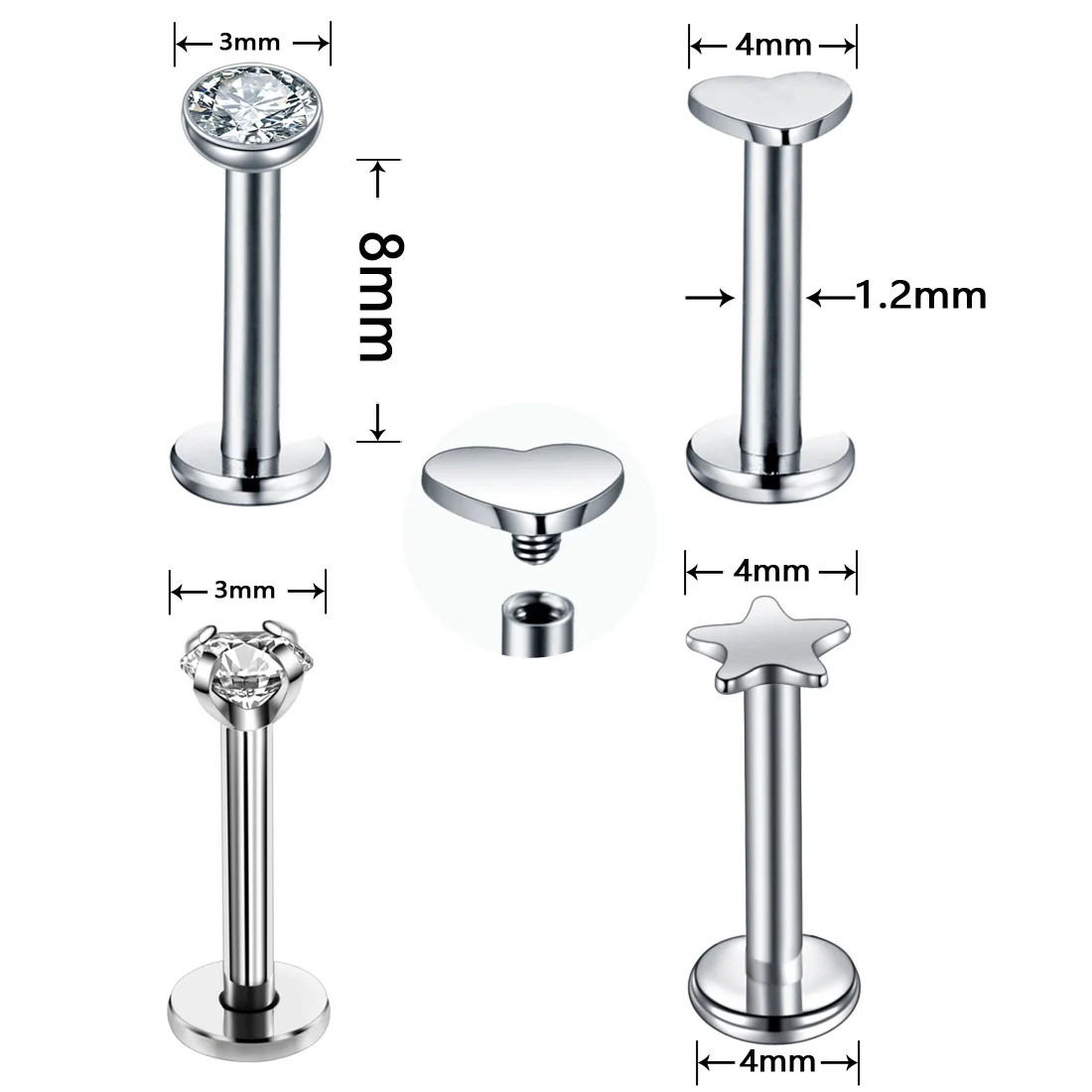 12PC Crystal Labret Piercing Set 16G Heart Tragus Piercing Earring Lot Conch Piercing Set Lip Labret Stud Pack Lobe Earring Bulk - 2