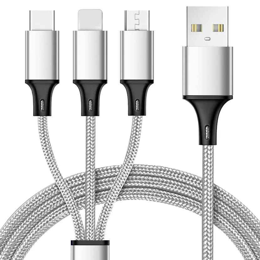 

3 in 1 USB Cable for Mobile Phone Micro USB Type C Charger Cable 4.1Ft for iPhone Fast Charging Cable Smartphone Charger Cord