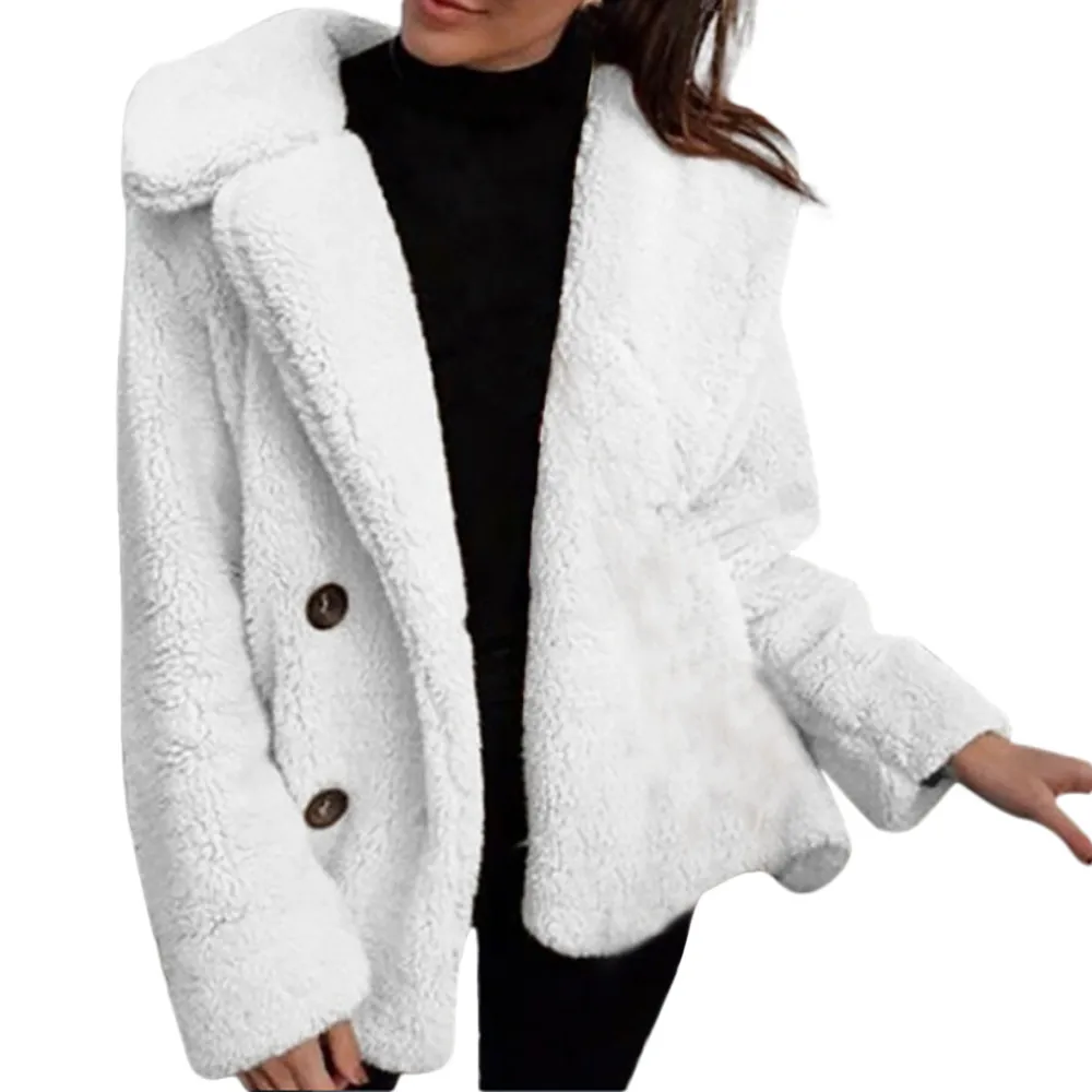 Пушистое плюшевое пальто, женские зимние куртки на пуговицах размера плюс, пальто с отворотом, теплая меховая куртка, женские пальто с длинным рукавом, Chaqueta Mujer - Цвет: White