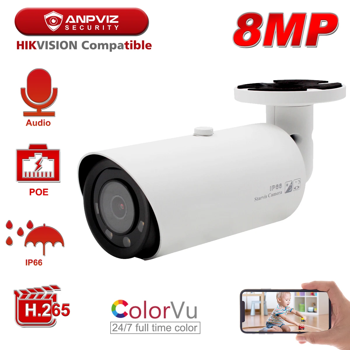 Anpviz 4K 8MP Starlight ColorVu POE IP-камера Hikvision совместимая с пулями супер Цветная камера