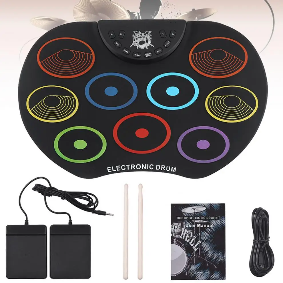 

Electronic Drum USB 9 Pads Colorful Roll up Set Silicone Electric Drum Kit with Drumsticks Foot Pedals for Children Kids