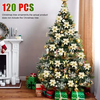 

120 pcs Christmas Tree Decoration Pendant Red Gold Sliver Plastic Flower Simulation Flower Set Pendant Home Decor