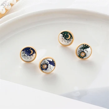 

AOMU Small Cute Fairy Tale Geometric Round Sun Moon Cloud Emboss Enamel Metal Stud Earrings for Women Gift Party Jewelry