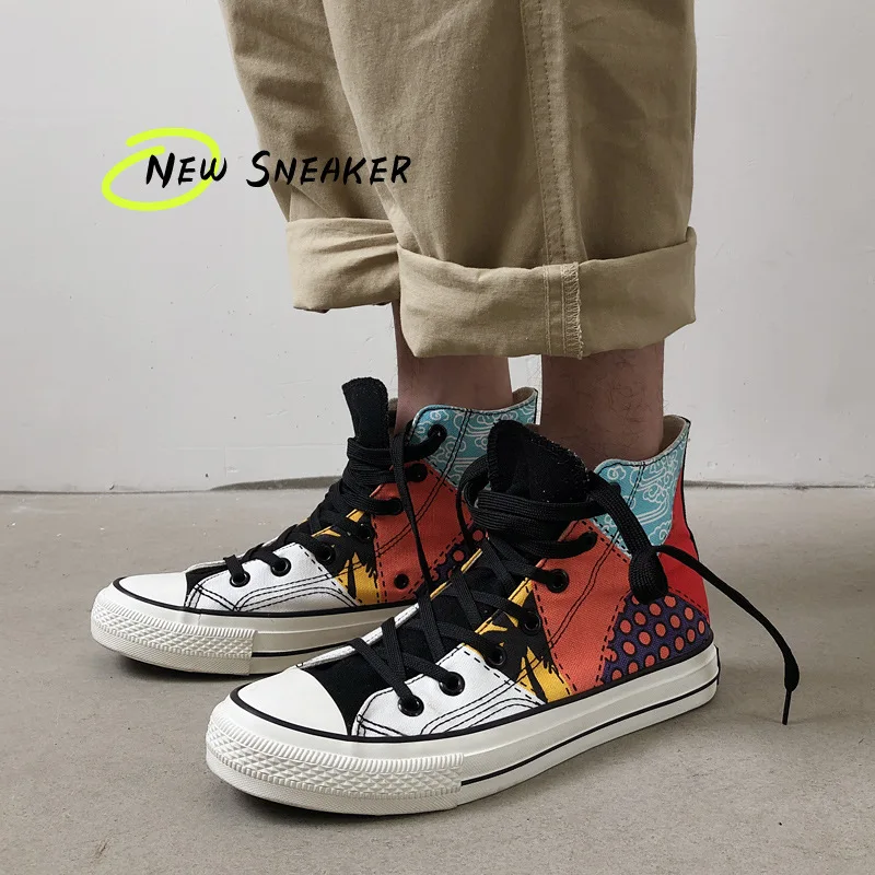 

New Men Canvas Shoes High Top Sneakers Casual Stylish Graffiti Flat Lace-up Skate Footwear Student Hip-pop Anti-skid Soft Design