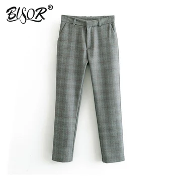 

Vintage Stylish Pockets Plaid Pants Women Fashion Zipper Fly Office Lady Chic Long Trousers Casual Pantalones Mujer
