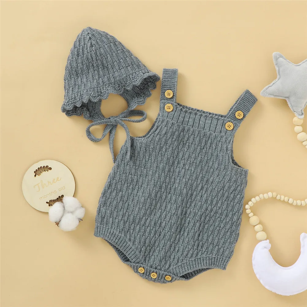 Newborn Knitted Romper Set Casual Cute Baby Girls Sleeveless Square Neck Buttons Jumpsuit with Solid Hat