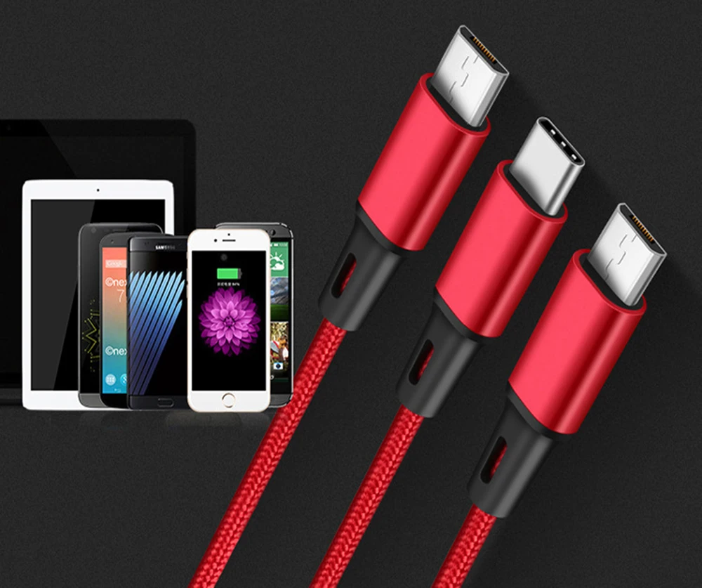 USB кабель 3 в 1 кабель для зарядки iOS Android type-c один для трех кабель для передачи данных алюминиевый сплав нейлоновый плетеный кабель 1 м