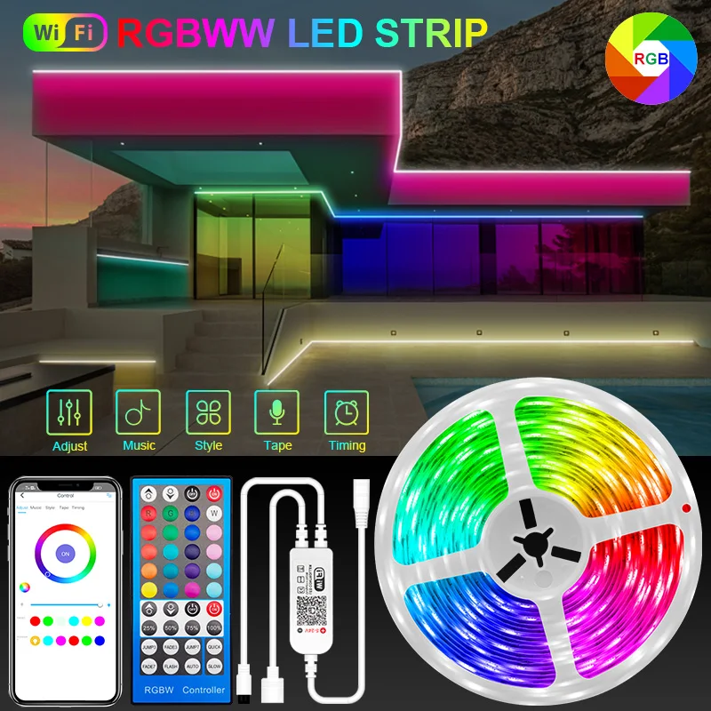 5M-30M RGBWW Wifi Led Strip Lights 5050 Bluetooth warm white Led strip Phone App Control Flexible Lamp Tape Ribbon DC12V Adapter