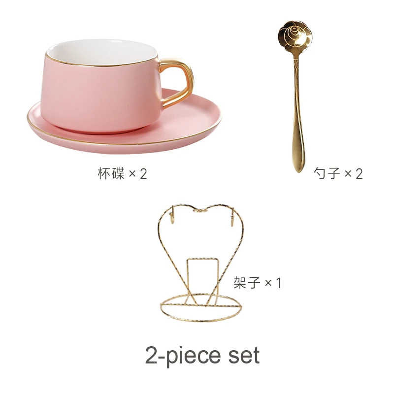 pink 2 piece set Скандинавская керамическая кофейная чашка простая шесть цветная кофейная чашка набор с блюдце и ложка Фарфор золотой край чайная чашка английский день - Цвет: pink 2 piece set