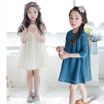 

little teenage girls dresses summer 2018 spring casual white blue lace patchwork princess dress kid clothes beach children dress