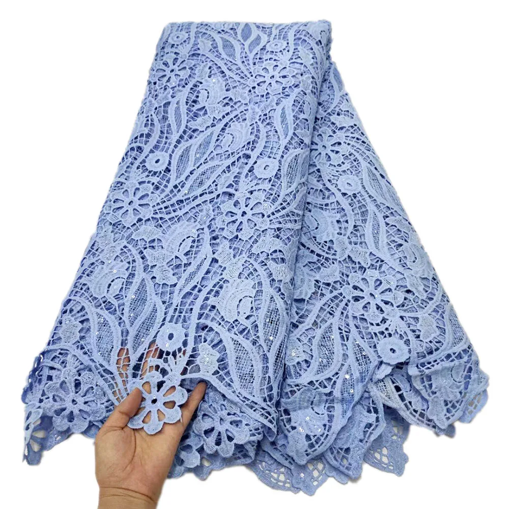 

Light Blue African Cord Lace Fabric High Quality Water Soluble Nigerian Guipure Cord Lace For Wedding Dress