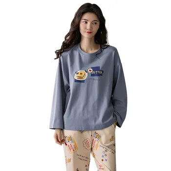 

Autumn Cotton Women Sleep Pajama Sets Full Sleeve Length Round Neck Sleepwear Cartoon Home Casual Breathable Loose Nightwear
