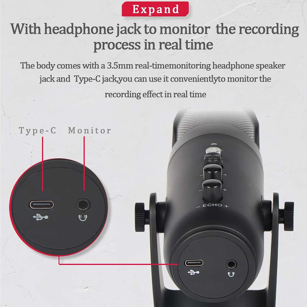 JD-950 RGB Condenser Microphone USB PC Computer Colorful Light Mic with Earphone Jack for Gaming Video Live Streaming Recording