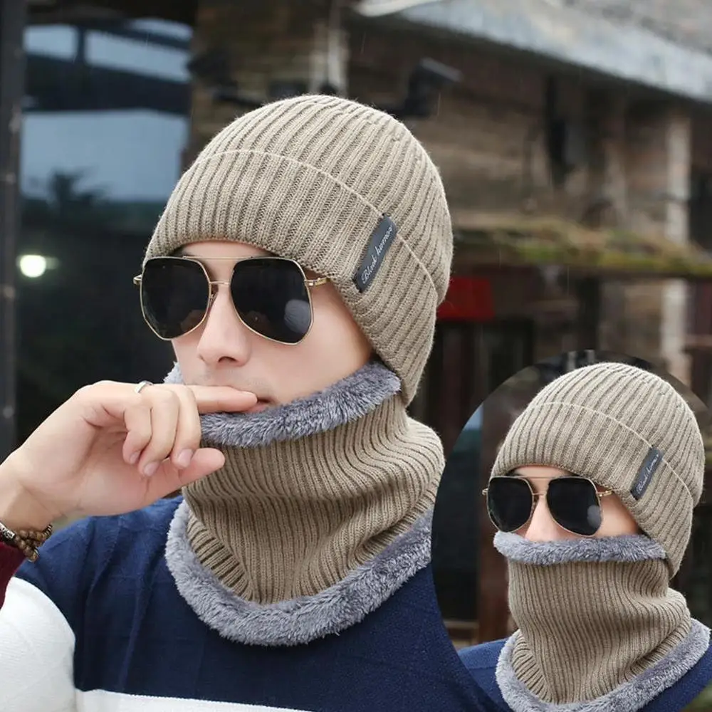 Khaki Hat Зимние шапки для мужчин, Skullies Beanies, Мужская зимняя вязаная шапка, шарф, шерстяная женская шапка, маска, Мужская шапочка, шапка - Цвет: Khaki Hat