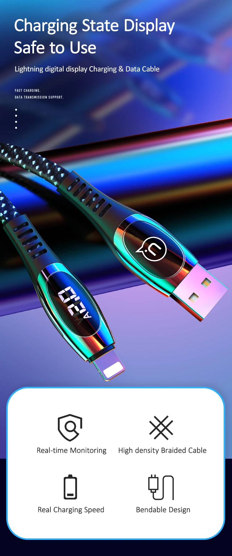USAMS для USB защитный кабель 1 м 2 м Быстрая зарядка данных для iPhone xs max xr 8 7 6s plus 5s 11 apple ipad pro зарядное устройство светодиодный дисплей