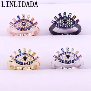 

8Pcs Rainbow Cubic Zirconia CZ Micro Pave Eye Adjusted Rings Fashion Women Jewelry Gifts