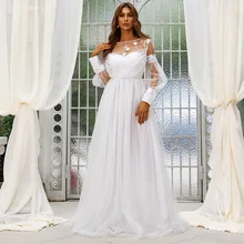 

Autumn New Gauze Lace Sleeves White Wedding Womens Dress Long Evening Dress Women Donsignet