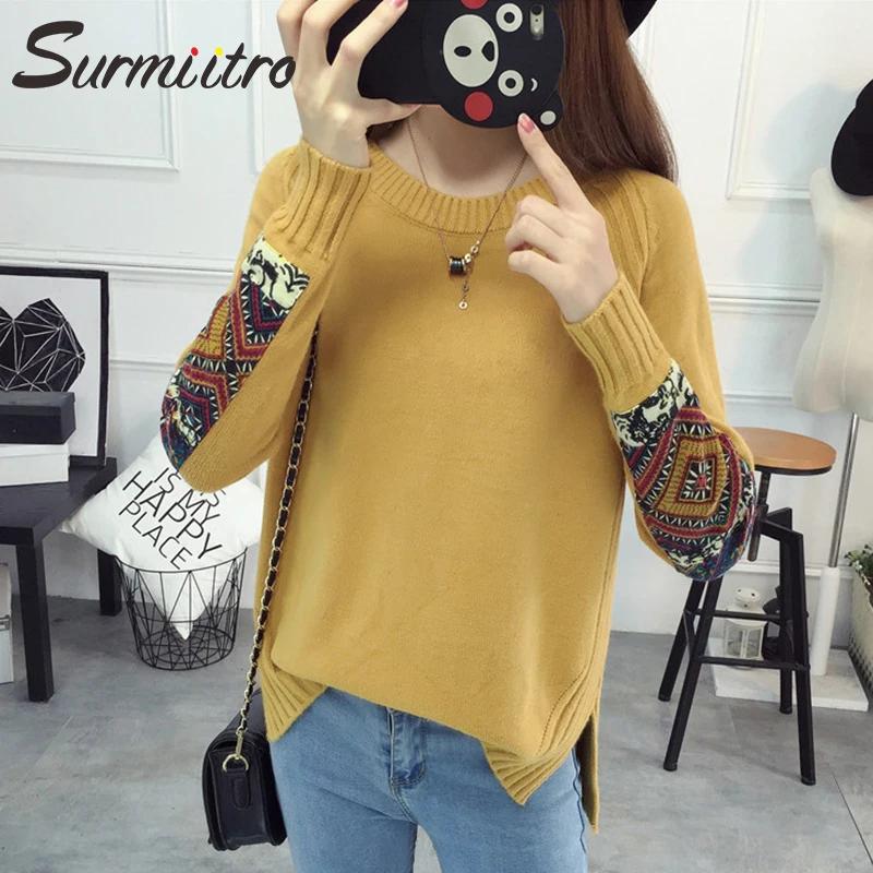 

Surmiitro Appliques Long Sleeve Jumper Female 2019 Casual Korean Autumn Winter Knitted Sweater Women Tricot Pullover Tops