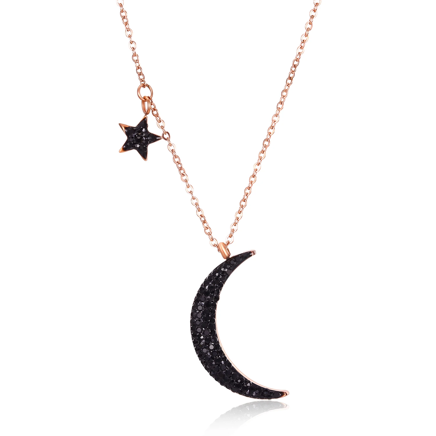 

Hot Selling Titanium Steel Moon and The Stars Pendant Necklace Black Pearl Moon Shape Rose Gold Clavicle Chain Necklace Female