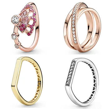 

Authentic 925 Sterling Silver Ring Signature Pink Fan Crossover Pave Triple Band Ring With Crystal For Women Europe Jewelry