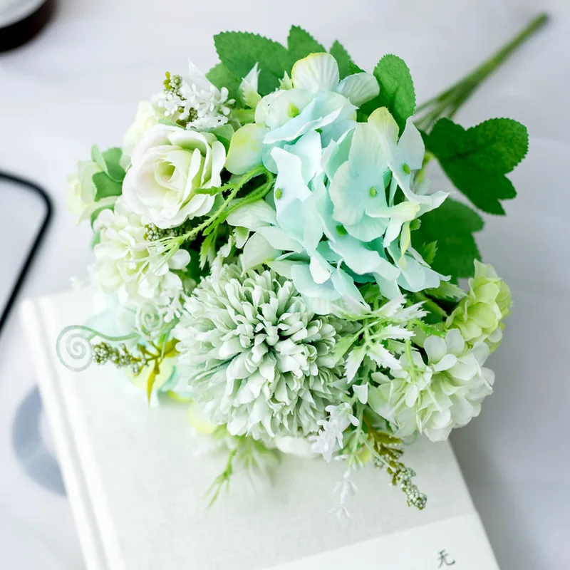 Новые искусственные цветы розы Пион Гортензия Гибридный букет для свадебного украшения Шелковые цветы для домашнего декора искусственные цветы - Цвет: Rose-green