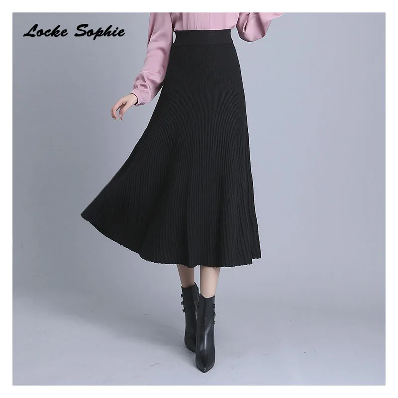 1 шт. Высокая талия женские Большие размеры Длинные плиссированные юбки зима вязание сплайсинга Полосатая юбка женские повседневные плиссированные юбки