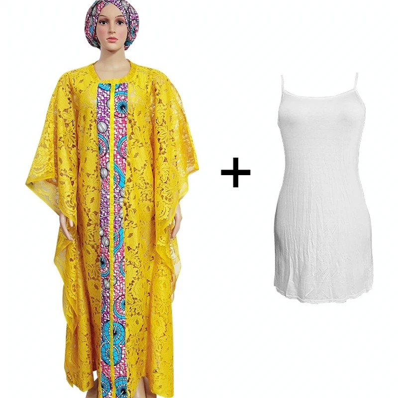 Комплект из 3 предметов платье супер размер кружевные платья африканские женские Дашики модные водорастворимые кружева Свободные бисером вышивка длинное платье - Цвет: Цвет: желтый