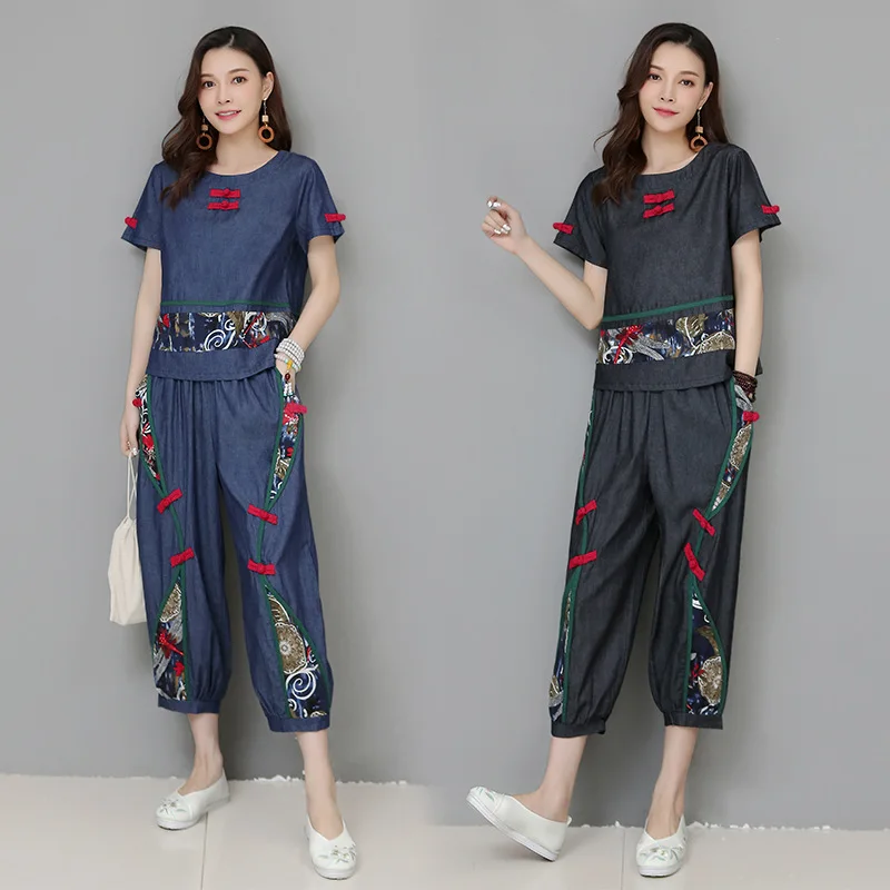 

2019 Summer New Style Large Size National Wind Cotton Linen Cowboy Colored Cloth Joint Tops + Capri Pants