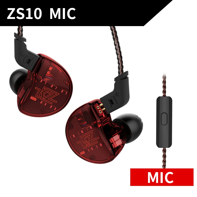 KZ ZS10 наушники 4BA+ 1DD динамические арматурные наушники HiFi бас гарнитура шумоподавление в ухо Мониторы гибридные наушники - Цвет: Red mic