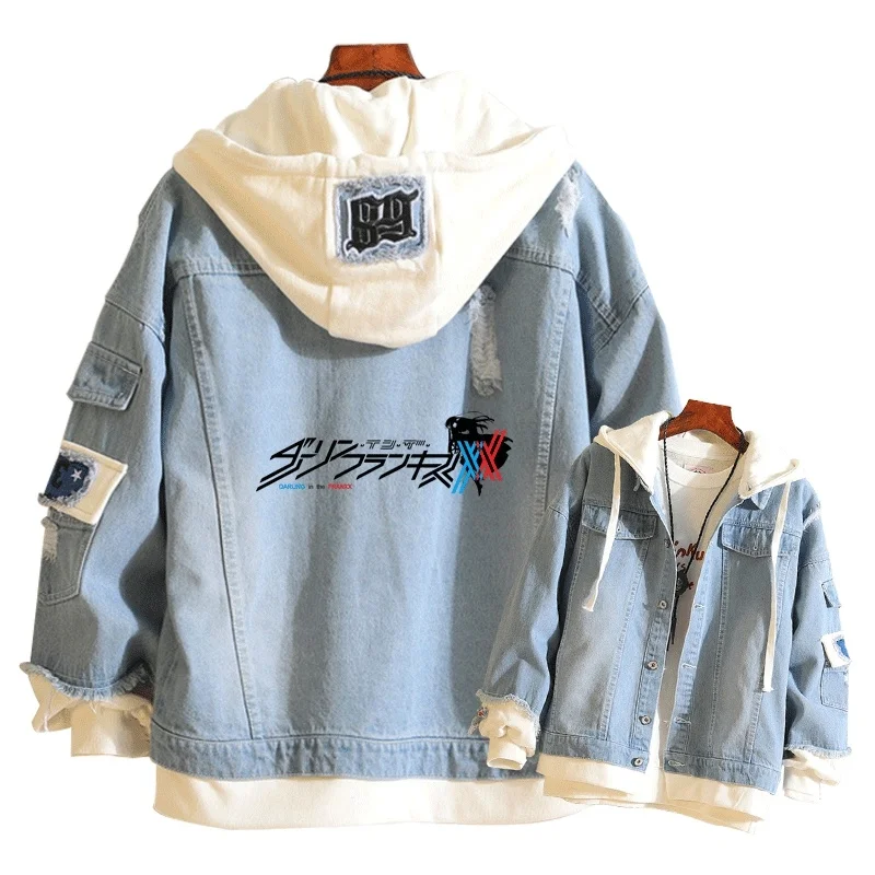 

Game Darling in the Franxx Layered Denim Jacket Hoodies Autumn Sweatshirt Men Women Jeans Jacket Streetwear Coat