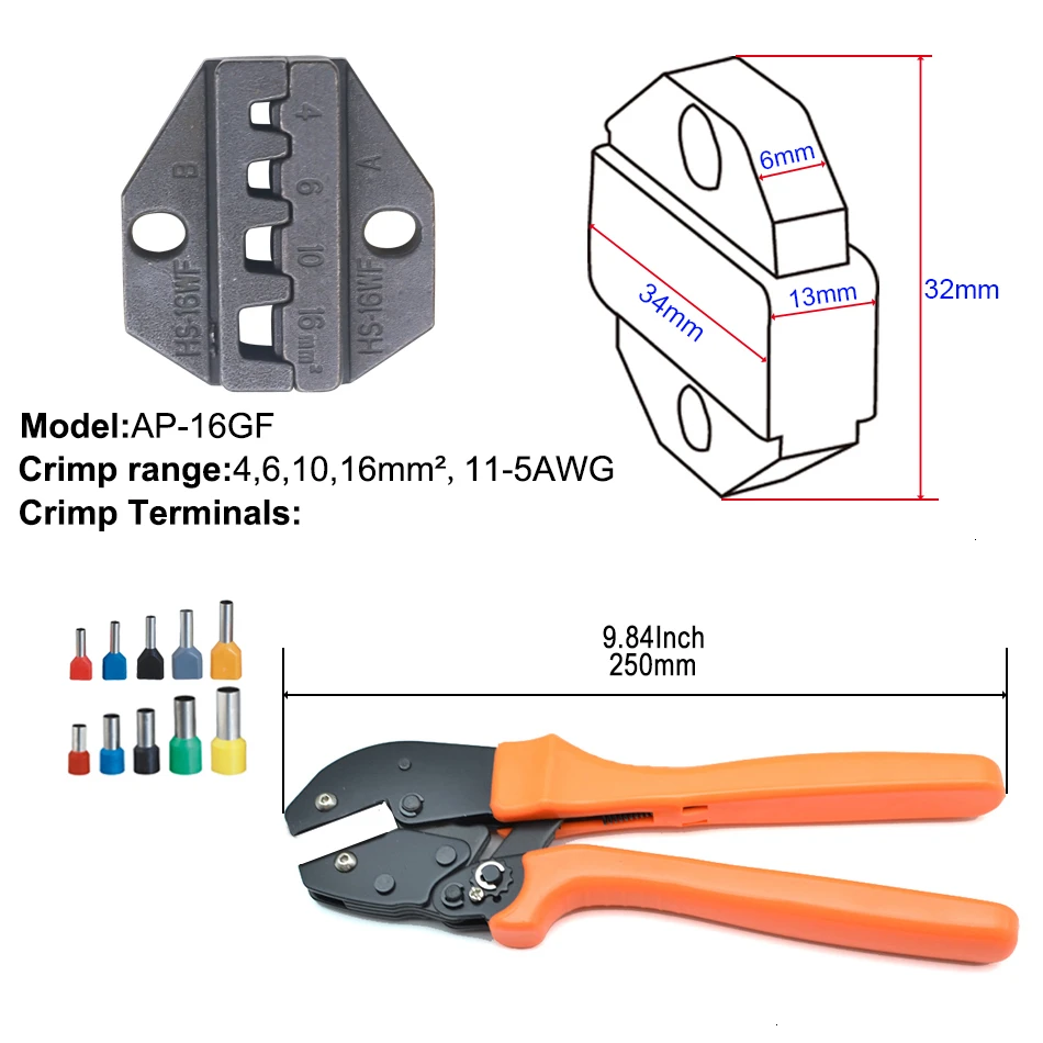 Обжимной инструмент 250 мм трещотка провода щипцы и сменные штампы для термоусадочных разъемов неизолированные наконечники - Цвет: 16GF