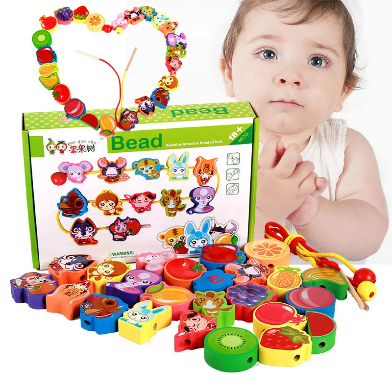 

Large Size Fruit Animal Beaded Bracelet Educational Early Childhood Wooden Toys Beaded Bracelet Bead-stringing Toy Wooden Beaded
