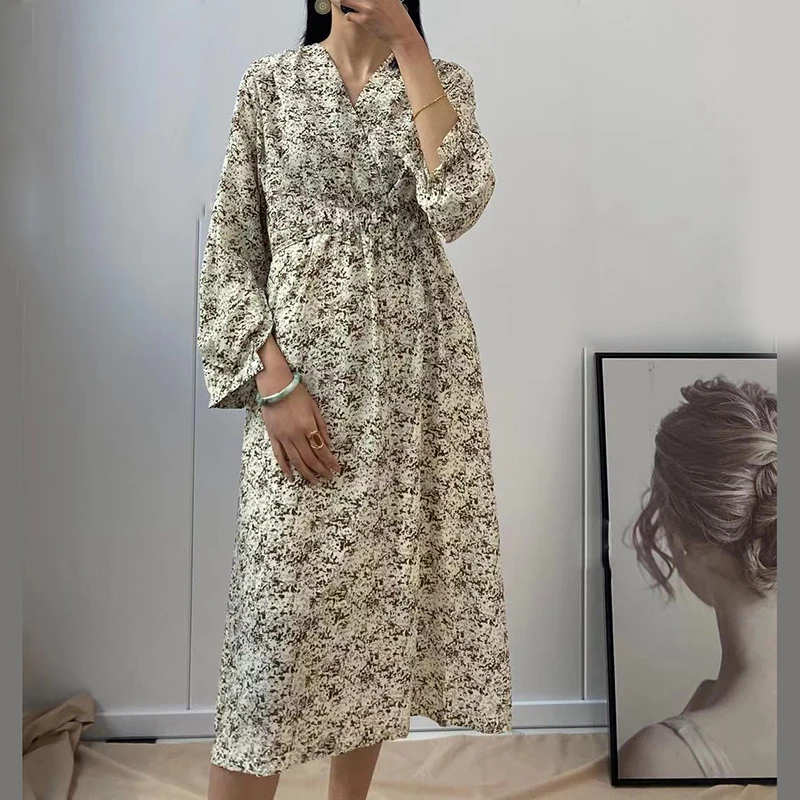 

2020 Spring White Floral Long Sleeve Chiffon Dress Women V-neck Tunic Waist Chalaza Elegant Dress Korean Ladies Dress ML7610