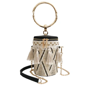 

2018 Summer Fashion New Handbag High quality Straw bag Women bag Round Tote bag Hand Metal Ring Tassel Chain Shoulder Travel bag