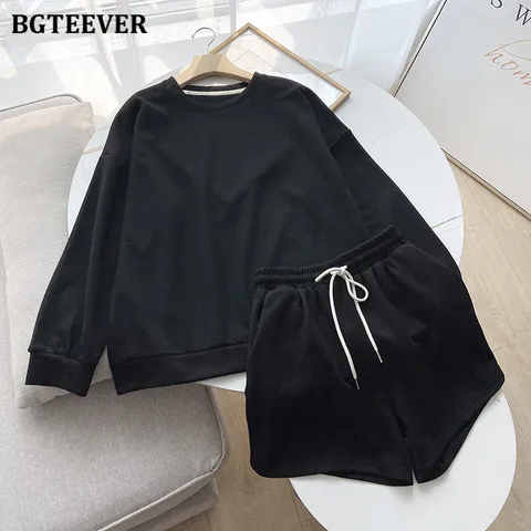 Autumn New Fashion Women Tracksuits O-neck Full Sleeve Sweatshirts & Drawstring Shorts Casual Ladies Sweatshirt Set