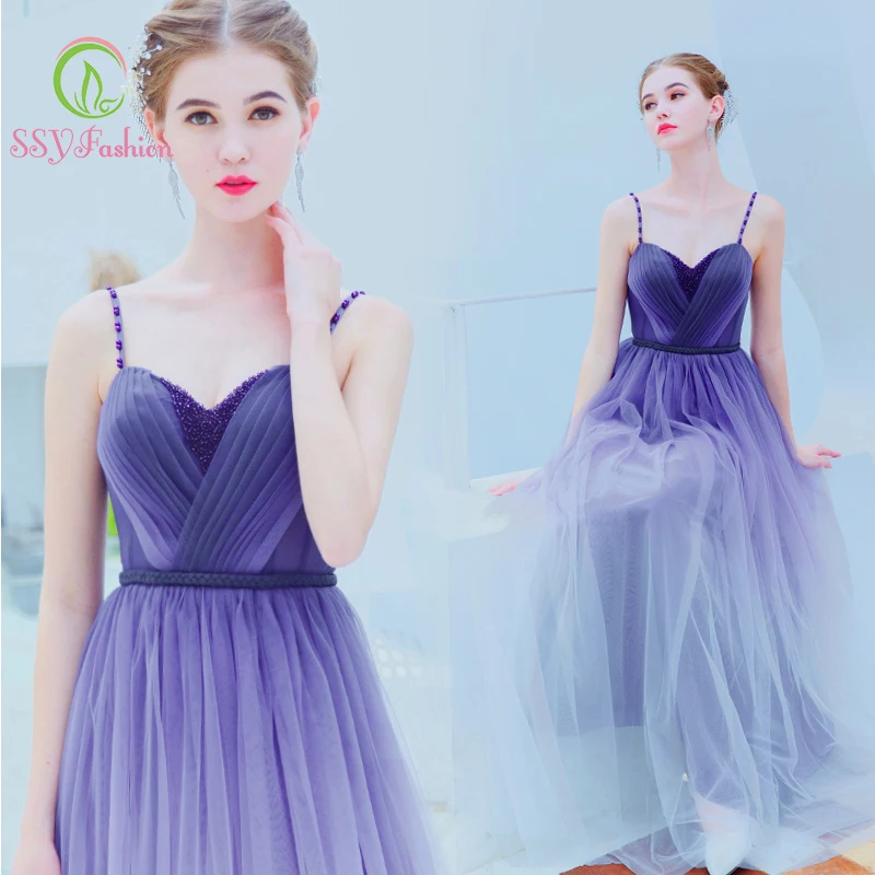 Женское вечернее платье на бретельках SSYfashion фиолетовое длинное бальное без