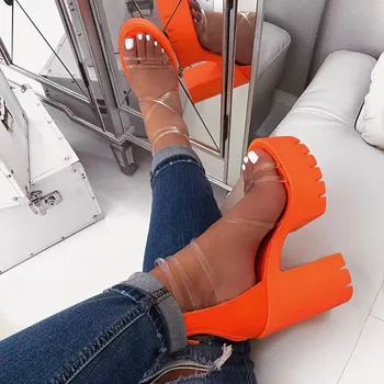 

Open Toe Women Platform Sandals Strappy Chunky Ultra High Heel Platform Fashion See-Through Strap Female Shoes 2020 Summer