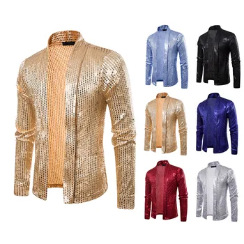 

Helisopus 2020 New Mens Cardigan Tops Sequin Long Sleeve Nightclub Prom Costume Shirt Disco Party Shirt camisa masculina