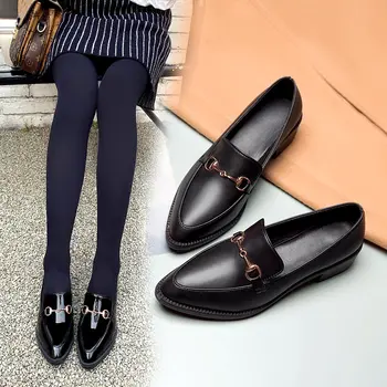 Zapatos planos de cuero informales para mujer, mocasines cómodos, sin cordones, color negro, 2020
