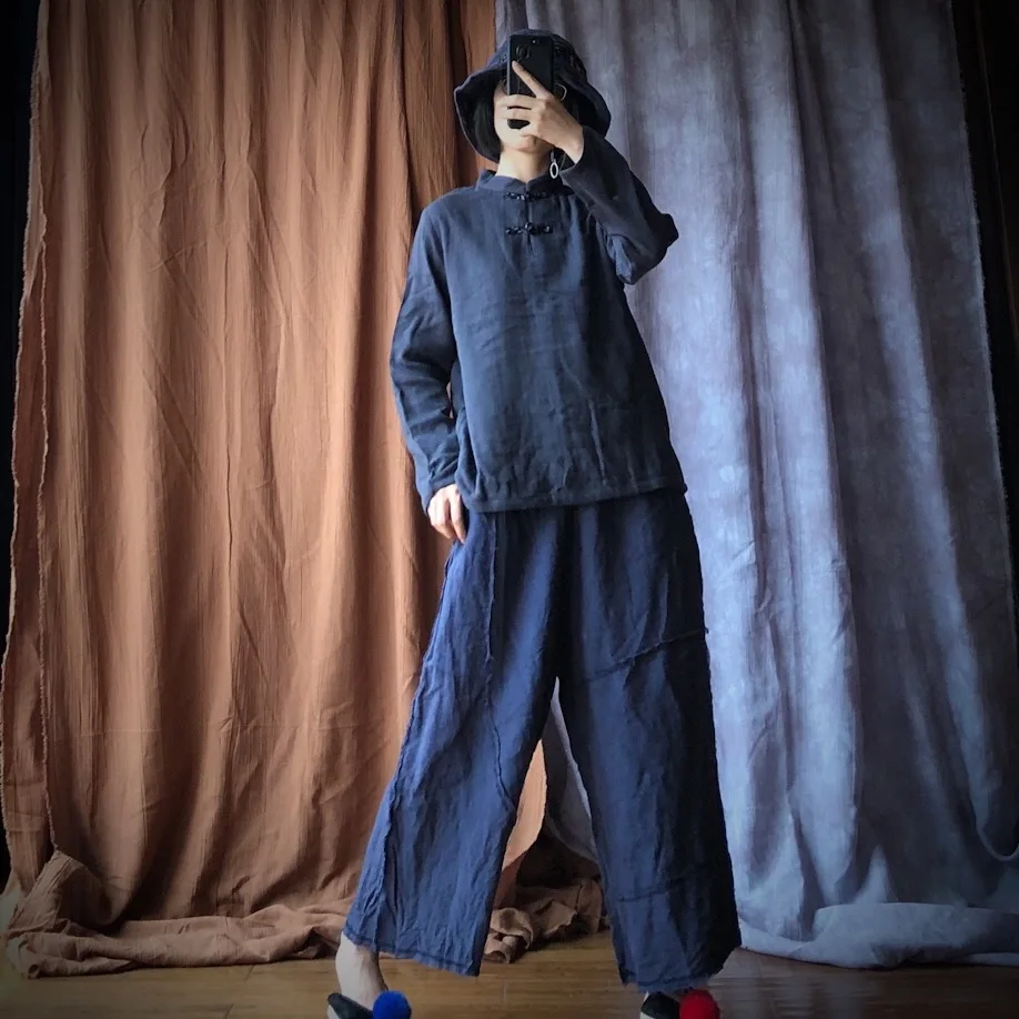 Johnature Patchwork 2020 Autumn New Women Pants Linen Elastic Waist Loose Vintage Ankle-Length Linen Casual Straight Pants
