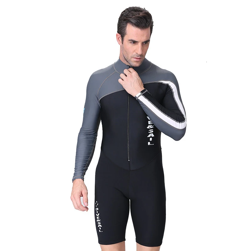 Gray-Black Летний Пляжный Рашгард UPF 50+ костюм для дайвинга, Цельный купальник с длинным рукавом для женщин и мужчин, винтажный купальник, костюм для серфинга на молнии до колена LYCR - Цвет: Gray-Black