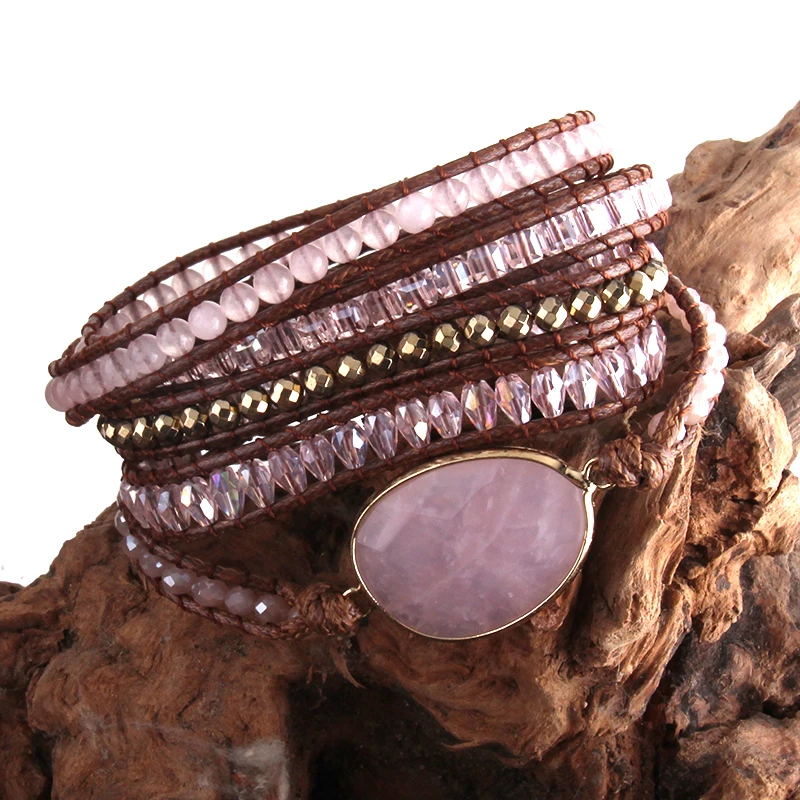 RH Fashion Leather Boho Armbander Green Mixed Natural Stones Charm 5 Strands Beaded Wrap Bracelets leather braided bracelet leather bracelet charm bracelet