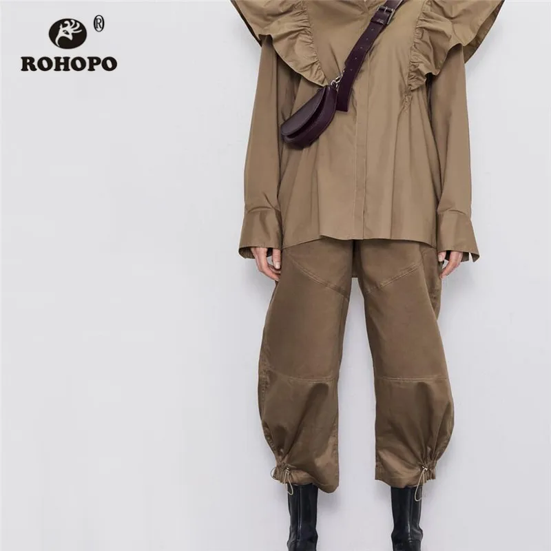 

ROHOPO Button High Waist Back Welted Pockets Khaki Cotton Harem Pant Buttons Fly Drawstring Bottoms Loose Cargo Pants #9389