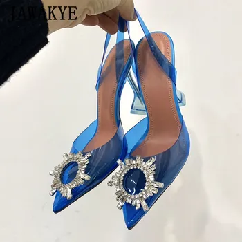 

Blue Transparent PVC summer sandals Pointed Toe Crystal Button Cup heel Pumps 2020 Summer Sexy High Heel Party Shoes Woman