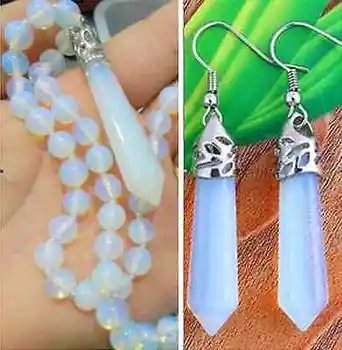 

New Hexagonal jade Healing Chakra Reiki Opal Opalite Necklace + earrings 18"
