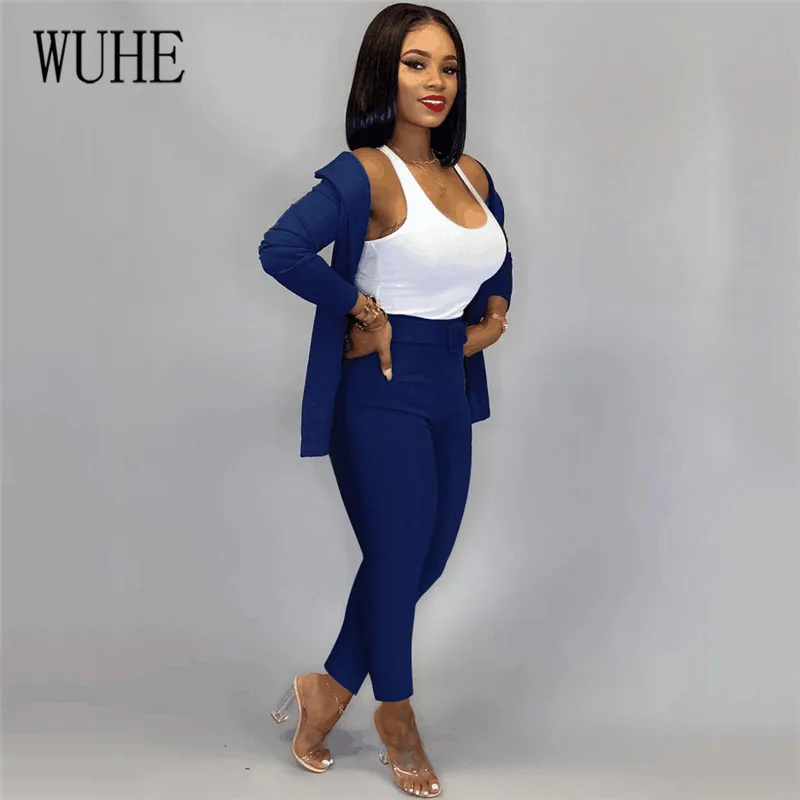 WUHE Vintage Autumn Winter Work Pant Suits OL 2 Pieces Sets Notched Blazer Jacket& Pant Trousers Suit for Women Set Office Wear