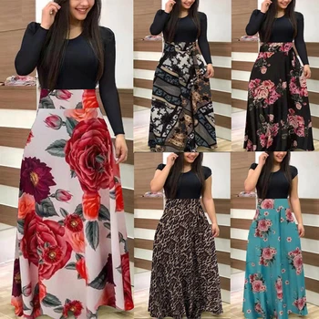 

Summer Casual Women Dress Fashion Short Sleeves O Neck Patchwork Party Dresses Floral Print Vestidos Female Slim Long Maxi Dress